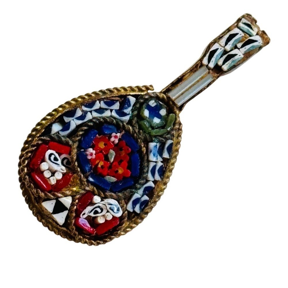 VTG Micromosaic Brooch Pin Rose Floral Italy Colorful Micro-mosaic Banjo Guitar